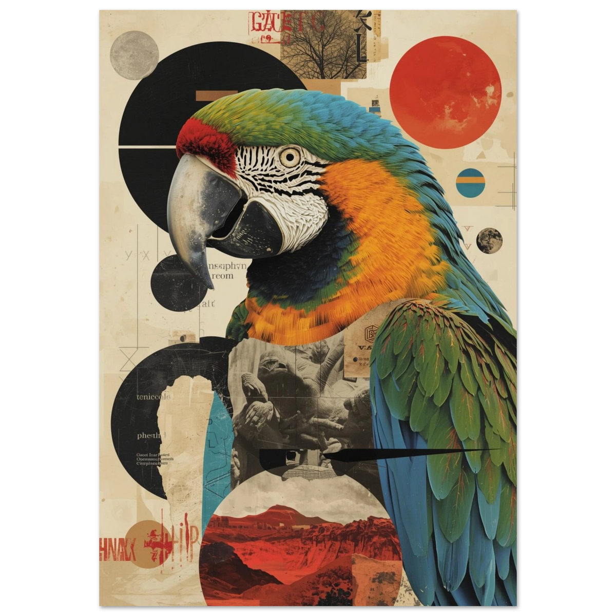 Färgstark papegoja i collage-stil med grafiska cirklar – Retro poster