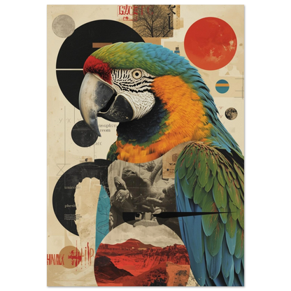 Färgstark papegoja i collage-stil med grafiska cirklar – Retro poster