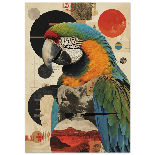 Färgstark papegoja i collage-stil med grafiska cirklar – Retro poster