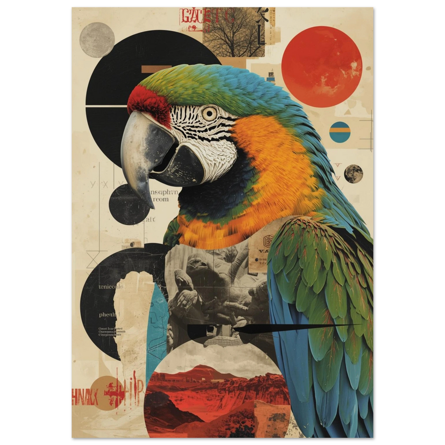 Färgstark papegoja i collage-stil med grafiska cirklar – Retro poster