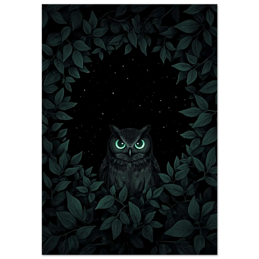 Svart uggla med lysande gröna ögon i mörkt lövverk – djurposter