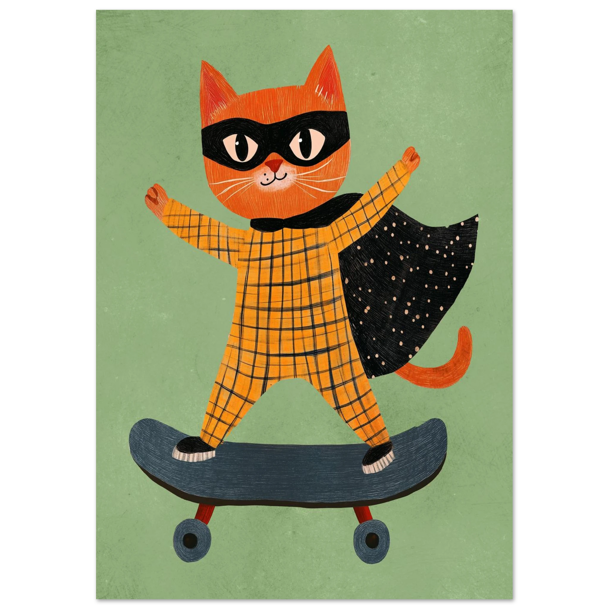 Illustration av maskerad katt med svart cape på skateboard – barntavla