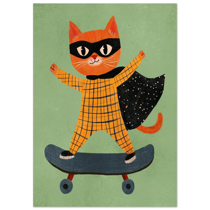 Illustration av maskerad katt med svart cape på skateboard – barntavla