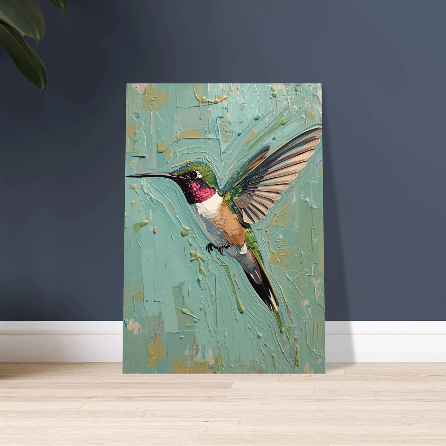 Kolibri i vibrerande färger, målad med tjocka penseldrag, konstnärlig känsla