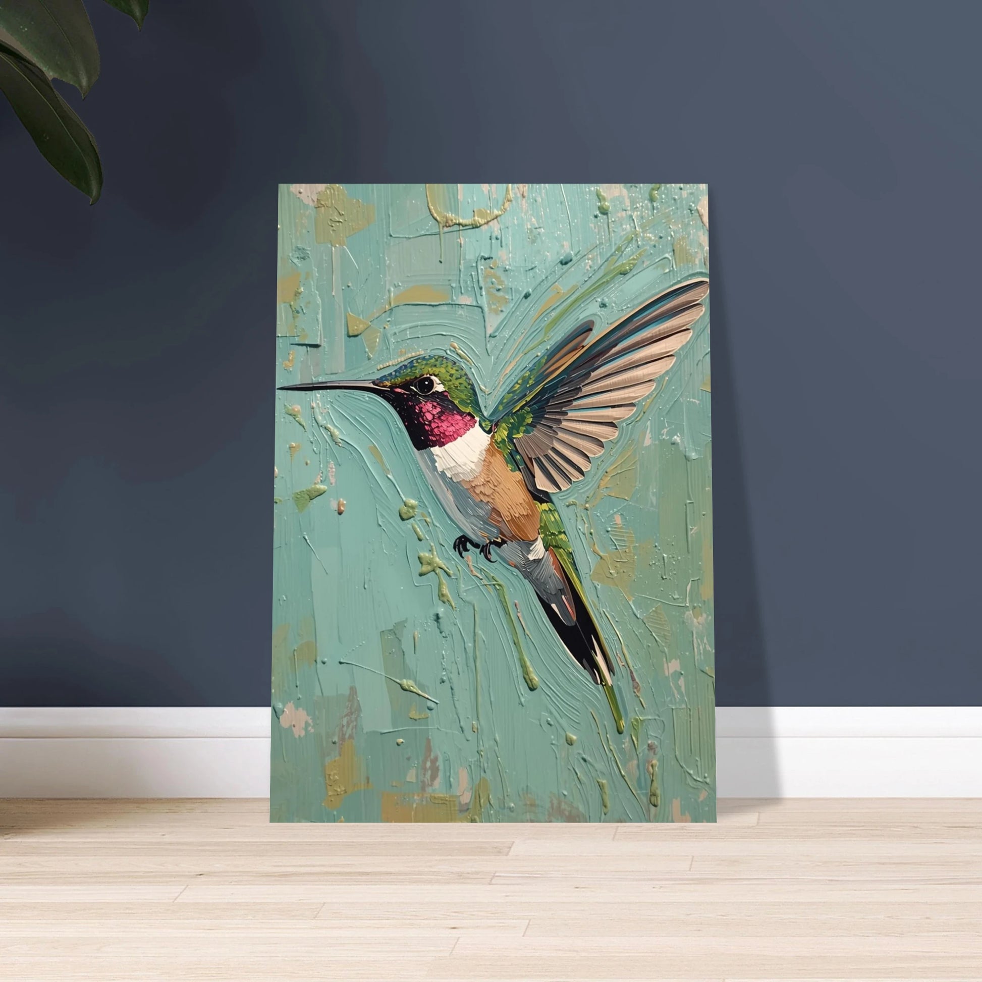 Kolibri i vibrerande färger, målad med tjocka penseldrag, konstnärlig känsla