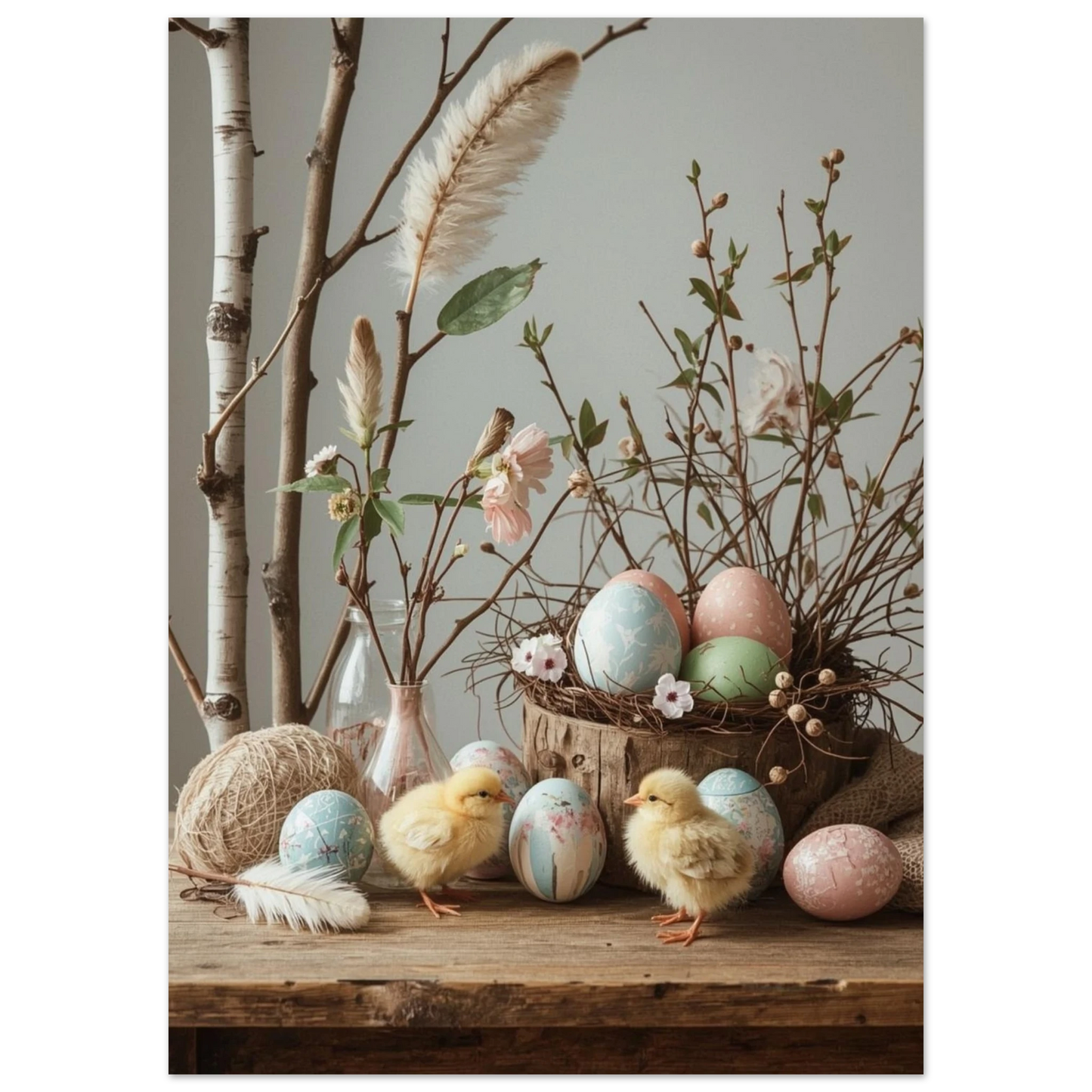 Överblick över påskarrangemang med kycklingar, ägg och naturmaterial i dämpade toner – Fotorealistisk poster
