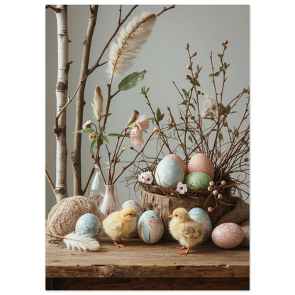 Överblick över påskarrangemang med kycklingar, ägg och naturmaterial i dämpade toner – Fotorealistisk poster