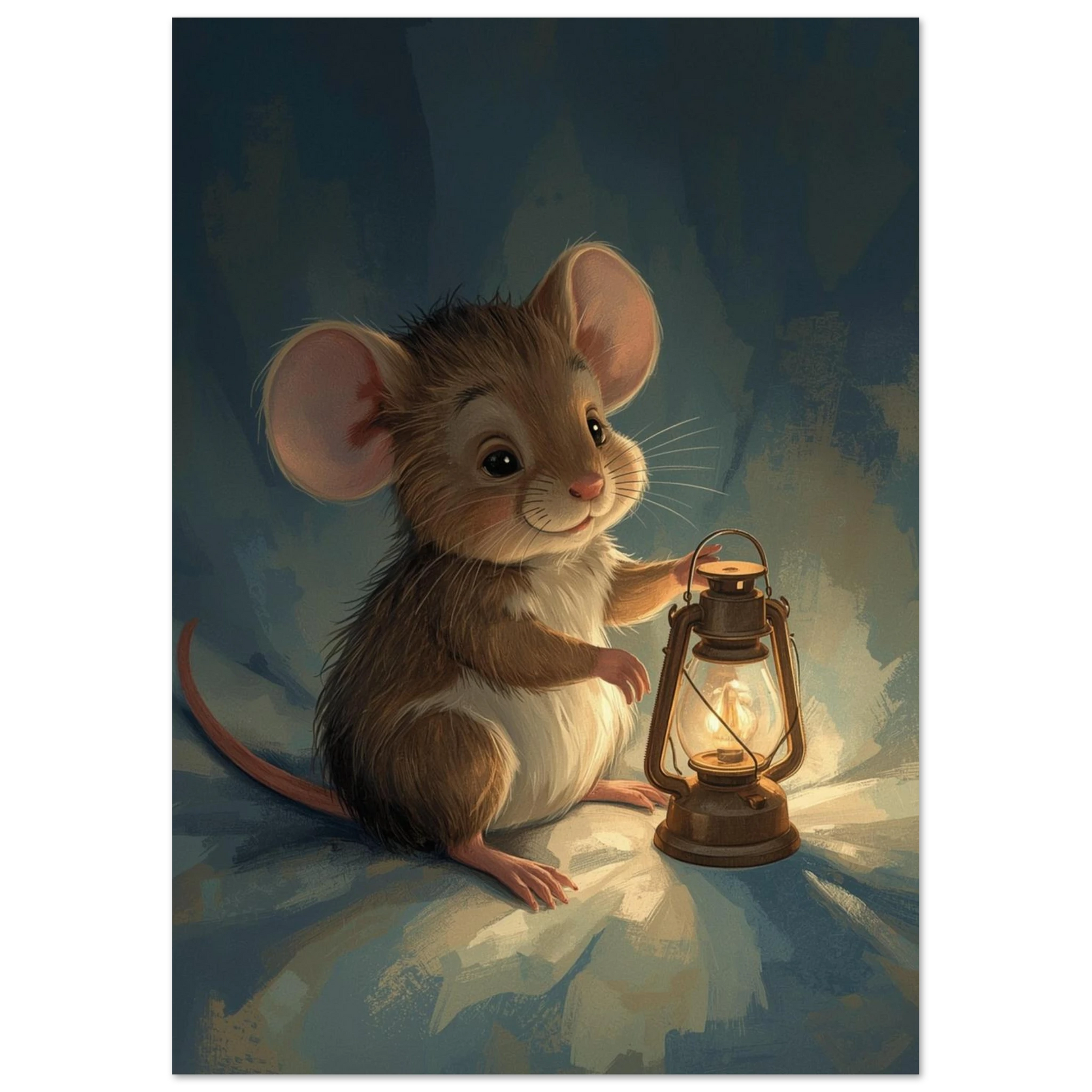 Närbild på illustrerad mus med stora öron och varmt lyktsken