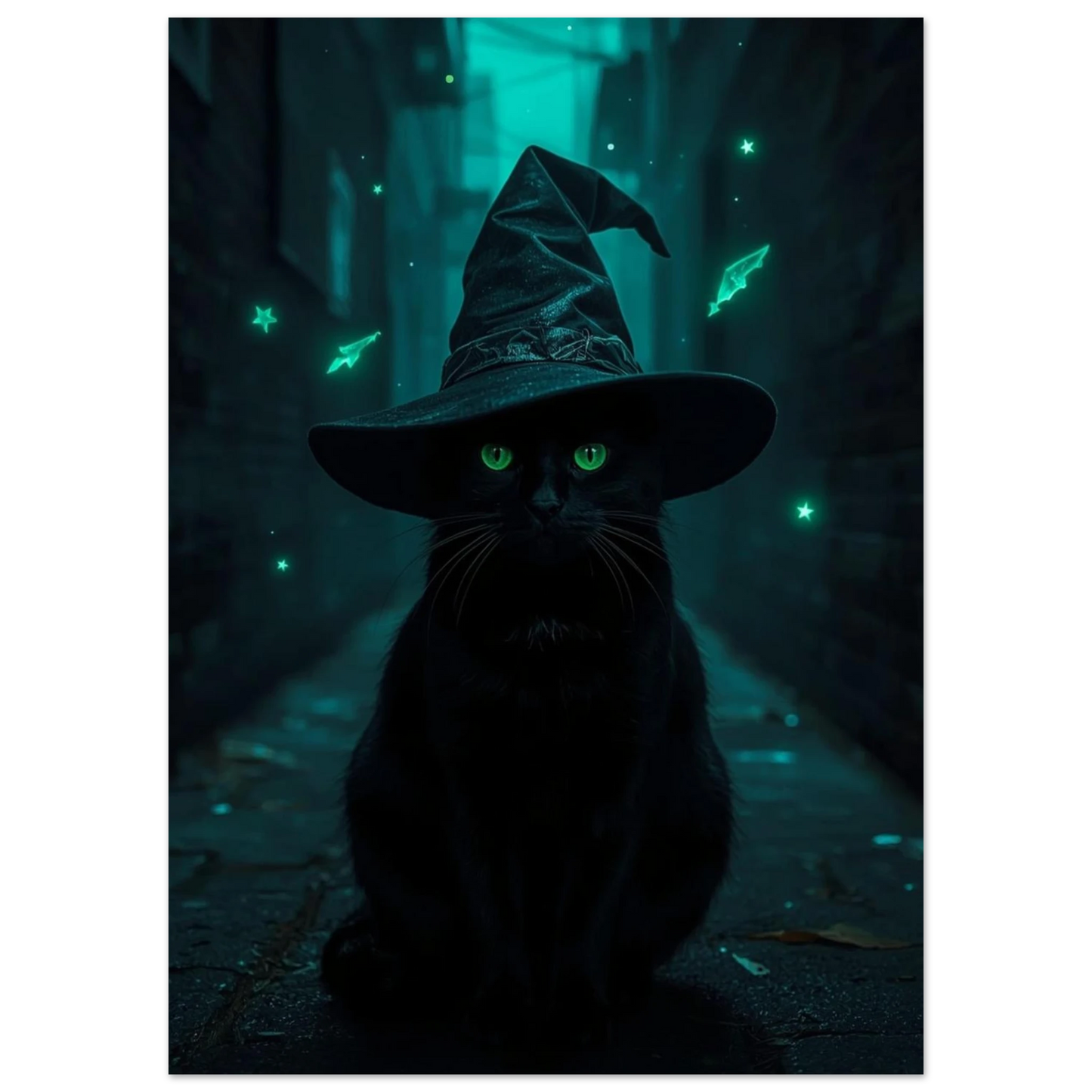 Mystisk svart katt i trollkarlshatt omgiven av stjärnor, mörkt motiv
