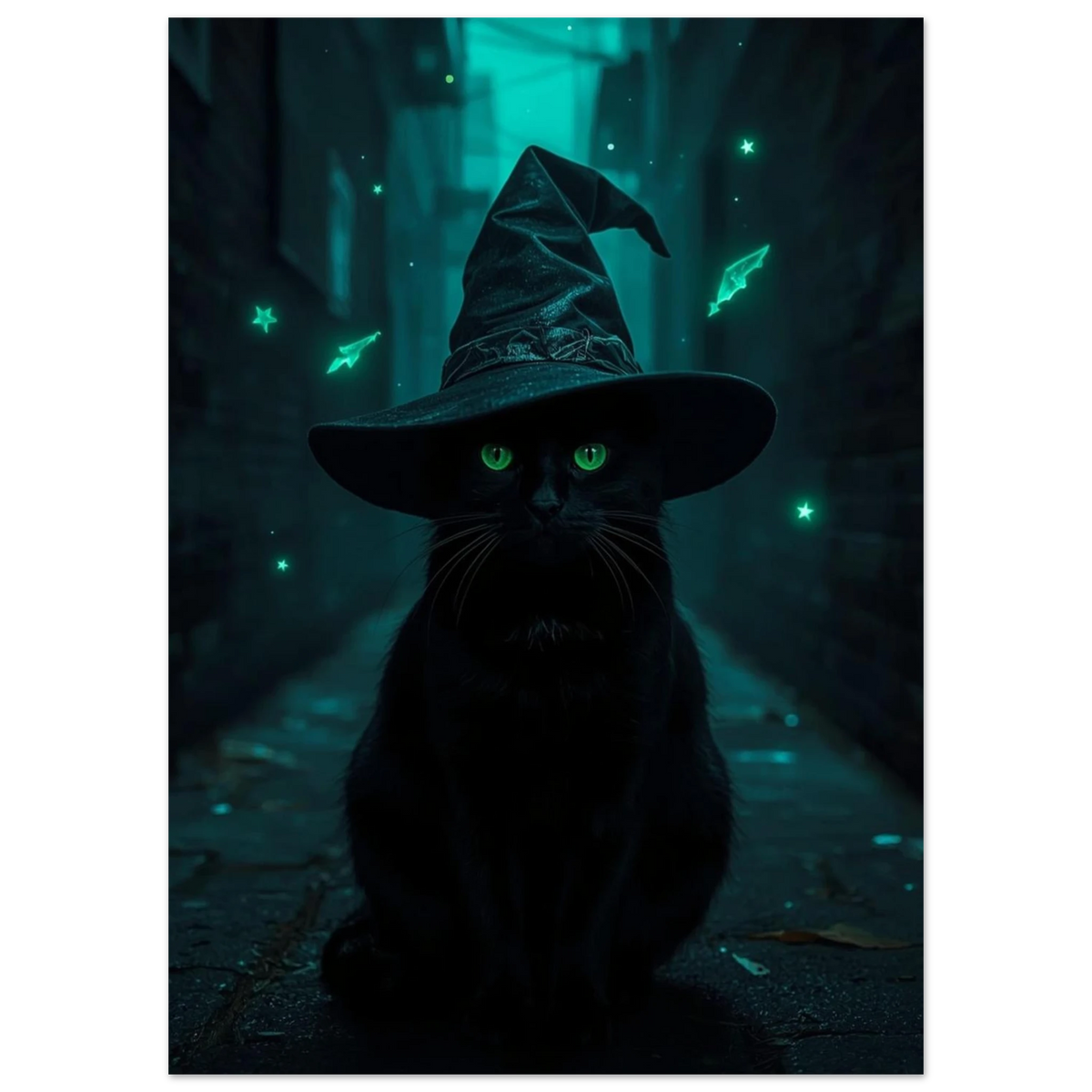 Mystisk svart katt i trollkarlshatt omgiven av stjärnor, mörkt motiv