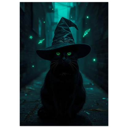 Mystisk svart katt i trollkarlshatt omgiven av stjärnor, mörkt motiv