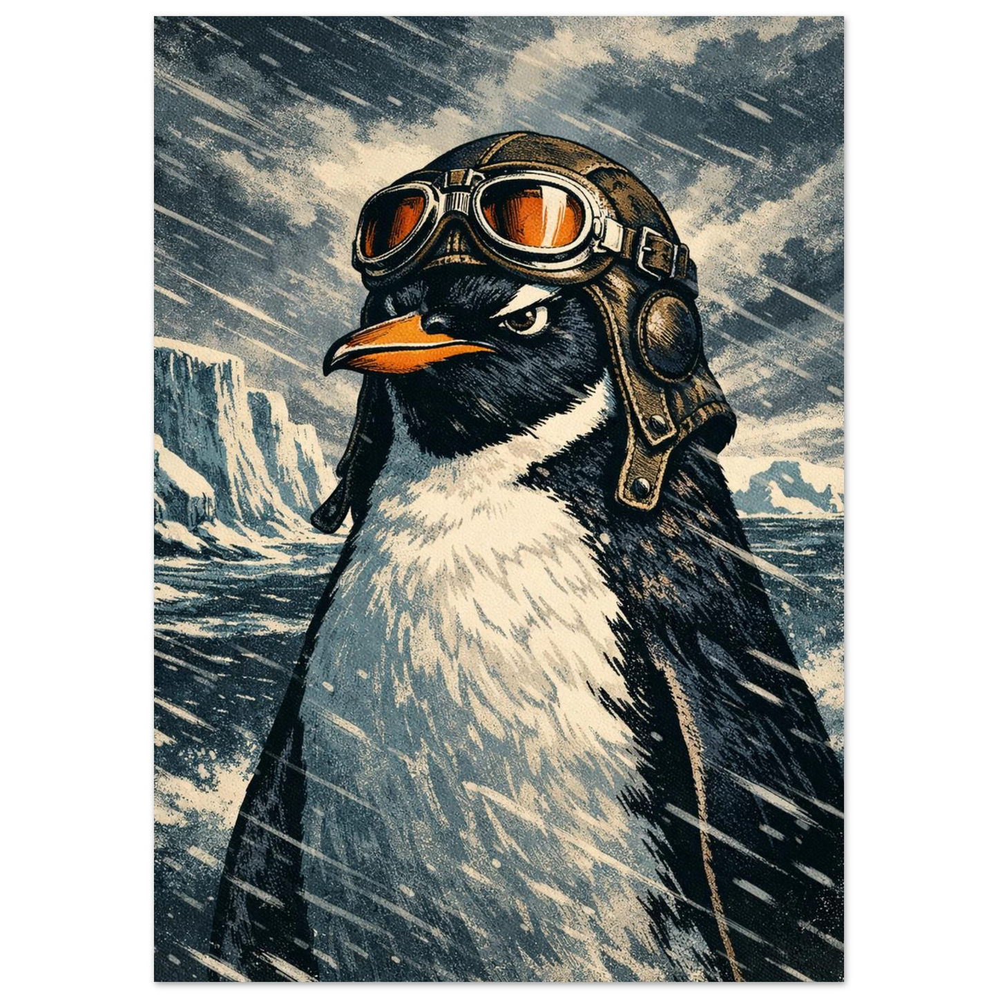 Pingvin i vintage pilothuva och orange goggles i en snöstorm – retro poster