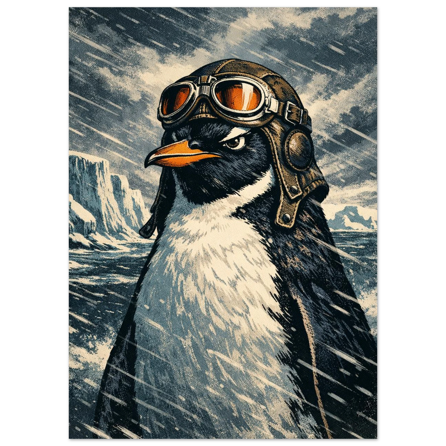 Pingvin i vintage pilothuva och orange goggles i en snöstorm – retro poster