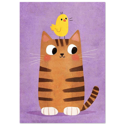 Lekfull djurposter med katt och fågel i en lila miljö