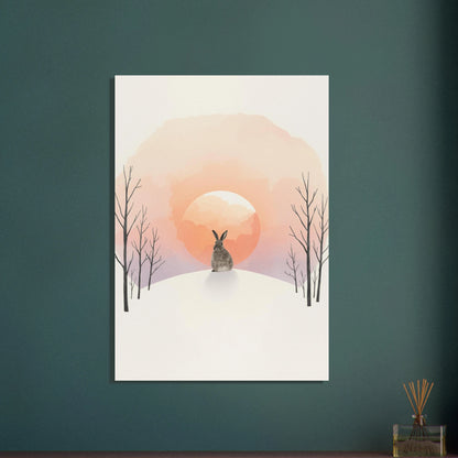 Kanin på kulle vid soluppgång, minimalistisk akvarellkonst, lugn stämning.