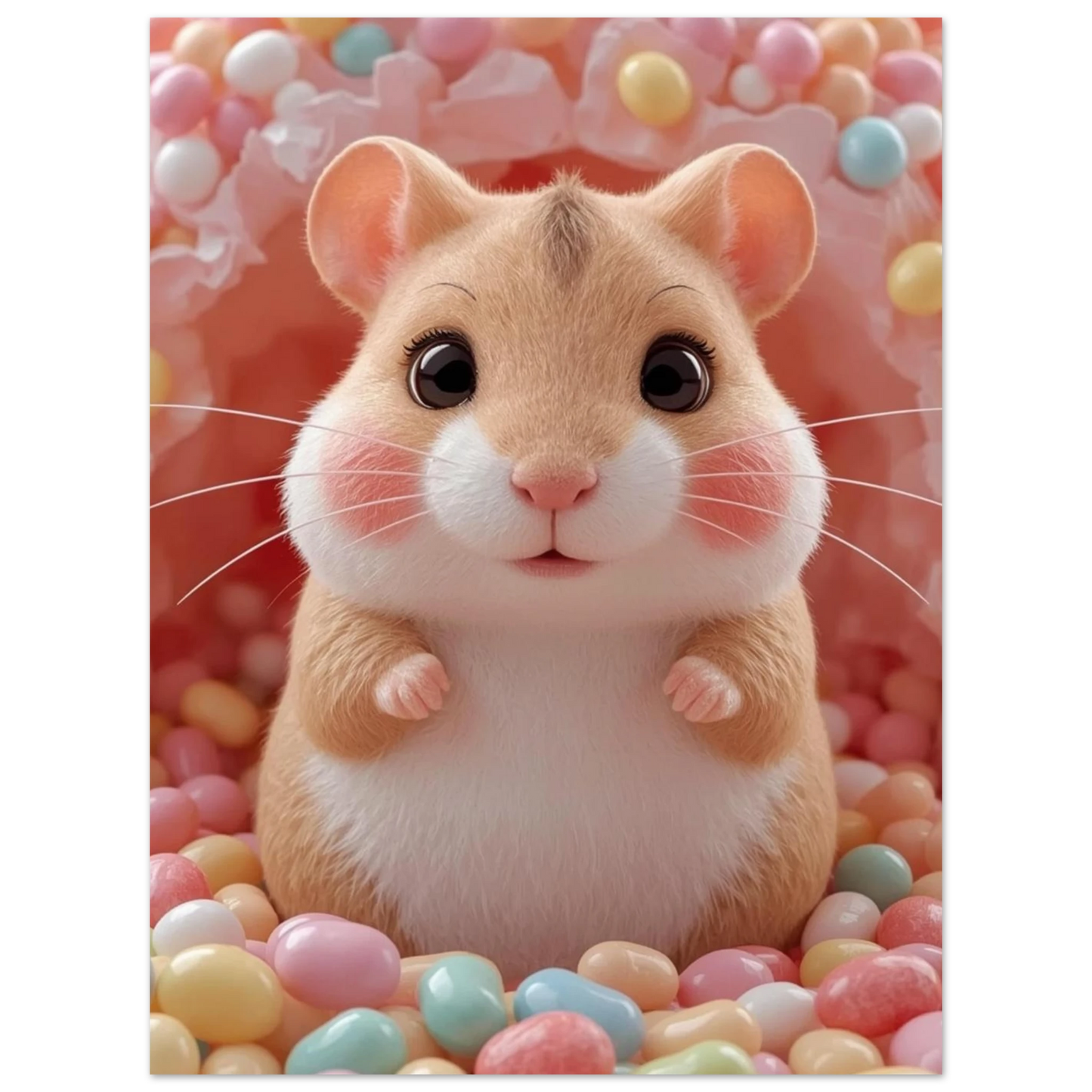 Hamster med uttrycksfulla ögon omgiven av pastellgodis – konstnärligt print