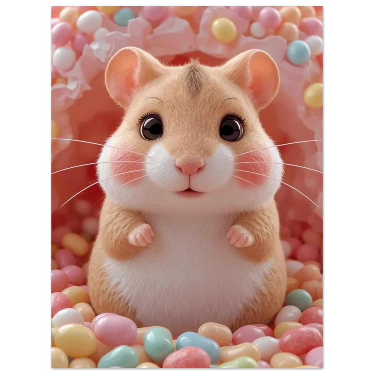 Hamster med uttrycksfulla ögon omgiven av pastellgodis – konstnärligt print