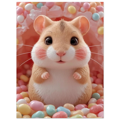 Hamster med uttrycksfulla ögon omgiven av pastellgodis – konstnärligt print