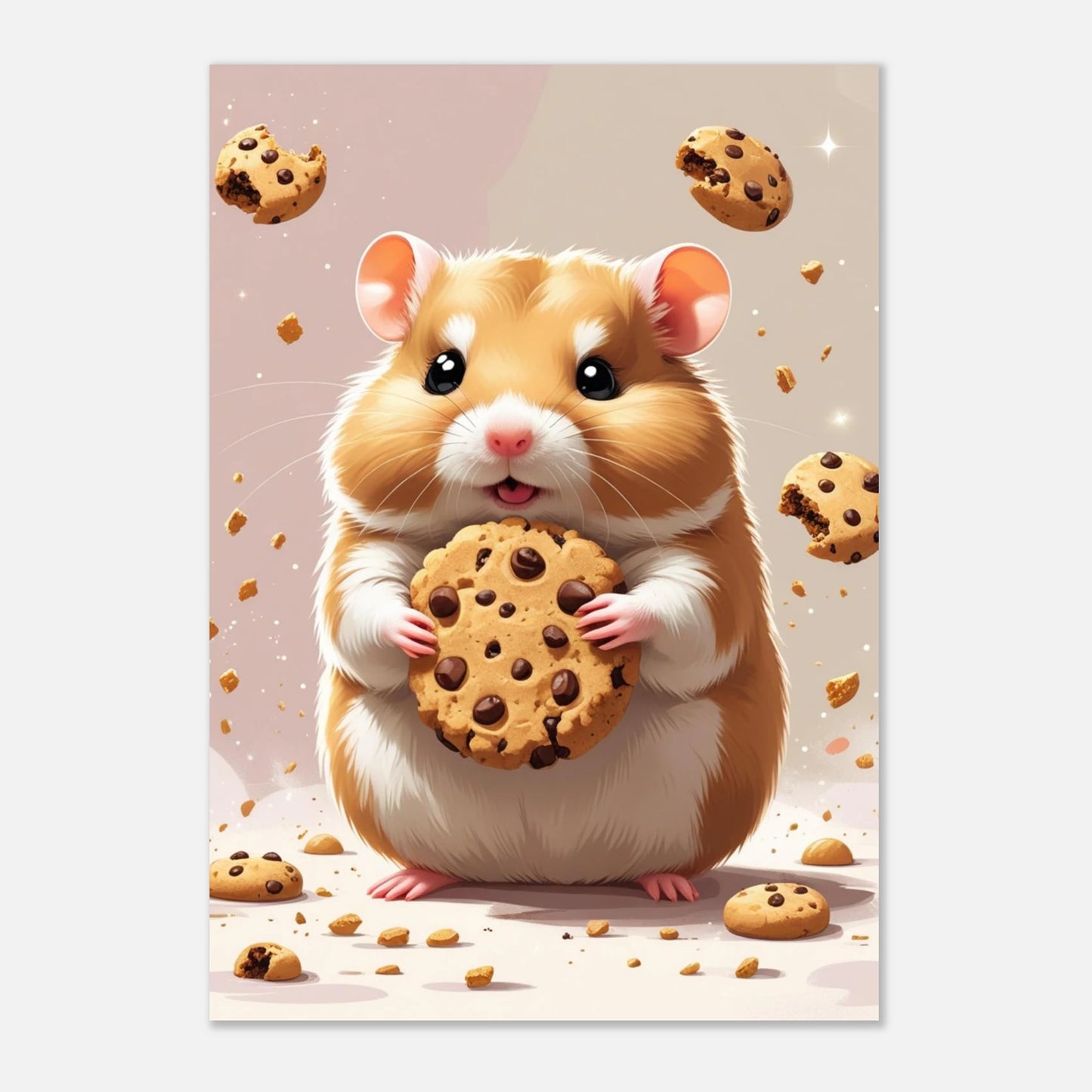 Illustration av en lycklig hamster i ett hav av chokladkakor