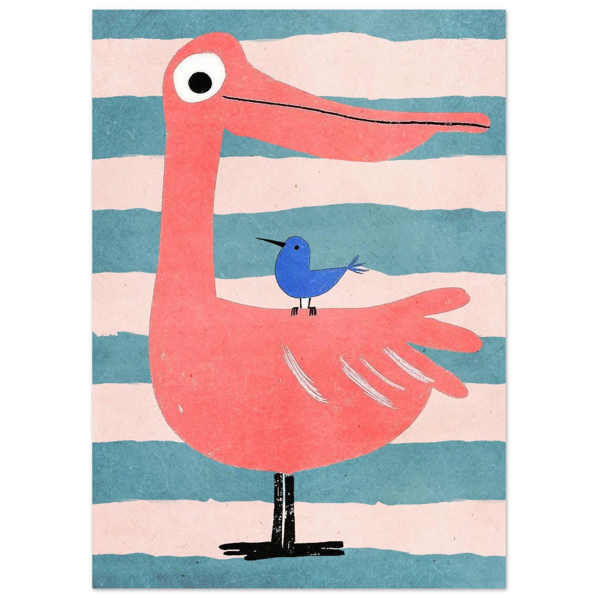 Stiliserad illustration av en rosa pelikanliknande flamingo mot randig bakgrund