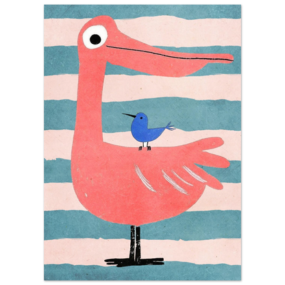 Stiliserad illustration av en rosa pelikanliknande flamingo mot randig bakgrund