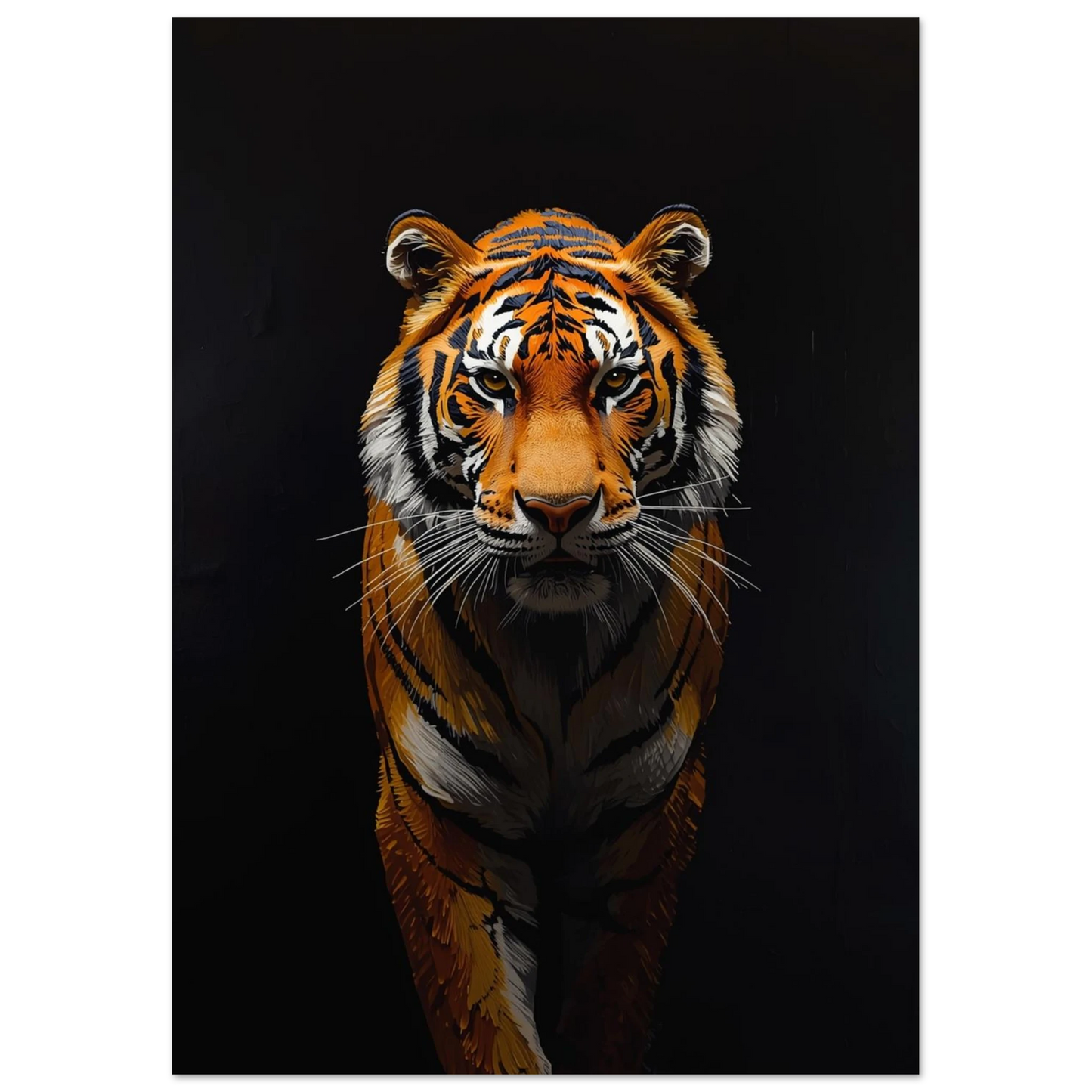Konstnärligt tigermotiv med markerade penseldrag mot en djup svart bakgrund