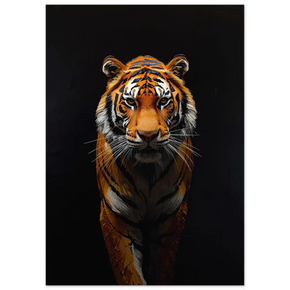 Konstnärligt tigermotiv med markerade penseldrag mot en djup svart bakgrund