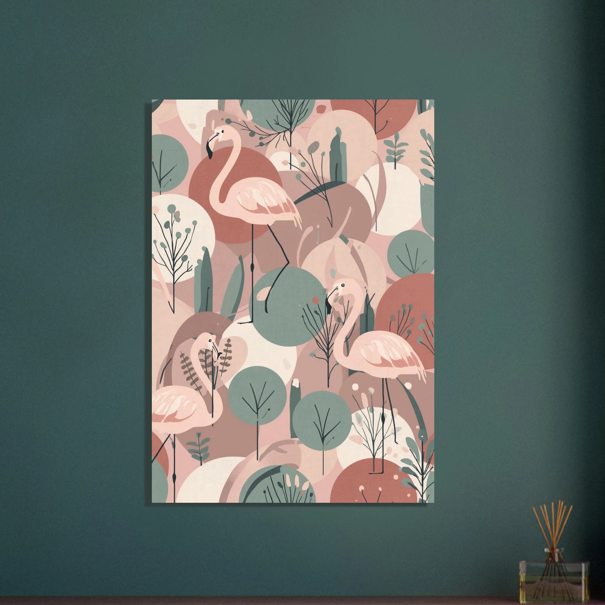 Flamingo i skandinavisk design, mjukt rosa och grönt mönster