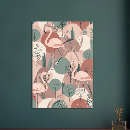 Flamingo i skandinavisk design, mjukt rosa och grönt mönster
