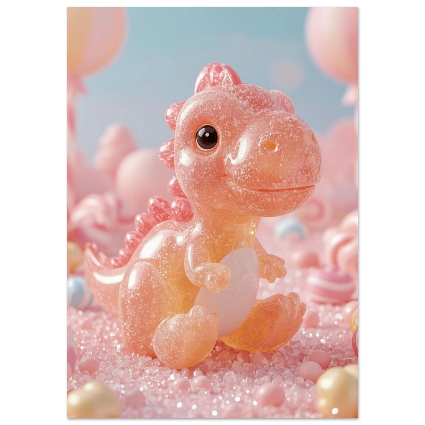 Digital konst av en korallfärgad dinosaurie bland fluffiga moln