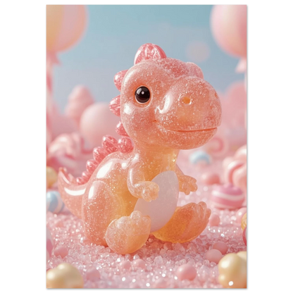 Digital konst av en korallfärgad dinosaurie bland fluffiga moln