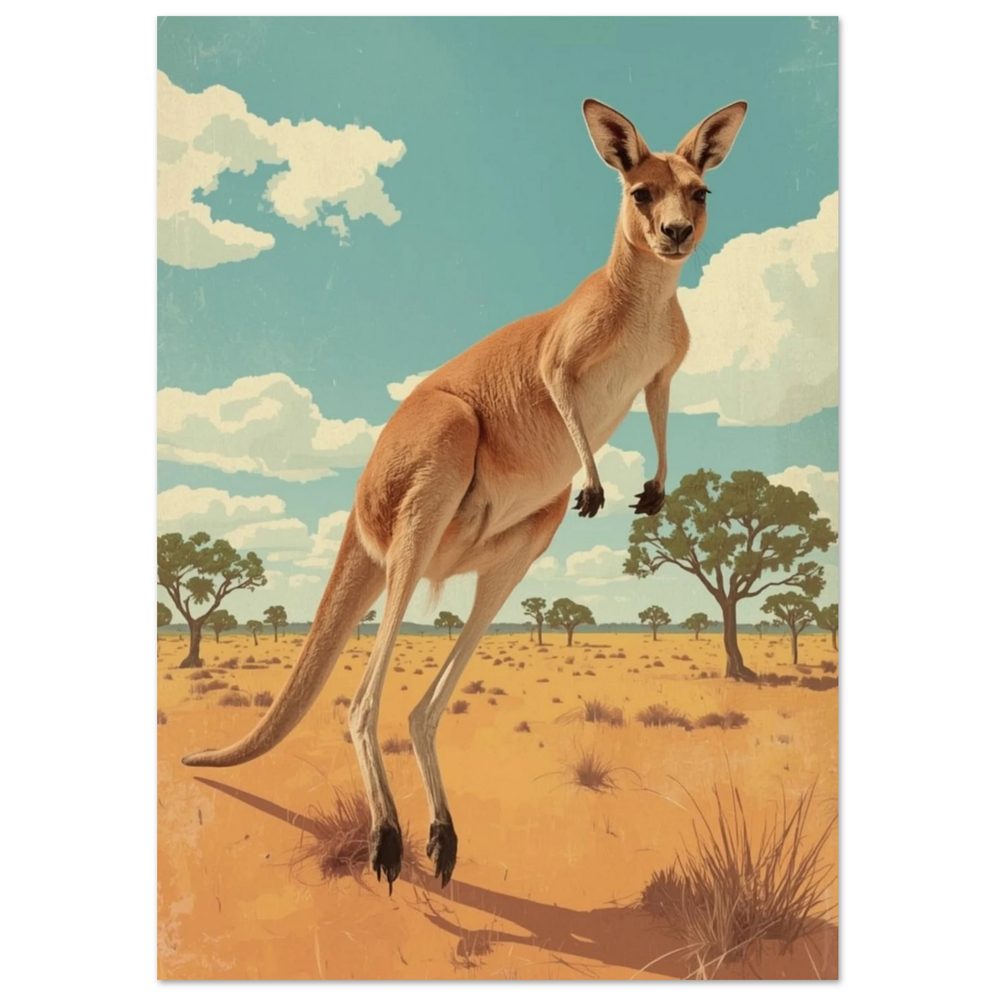 Känguru i profil mot ett öppet landskap med träd – retro poster