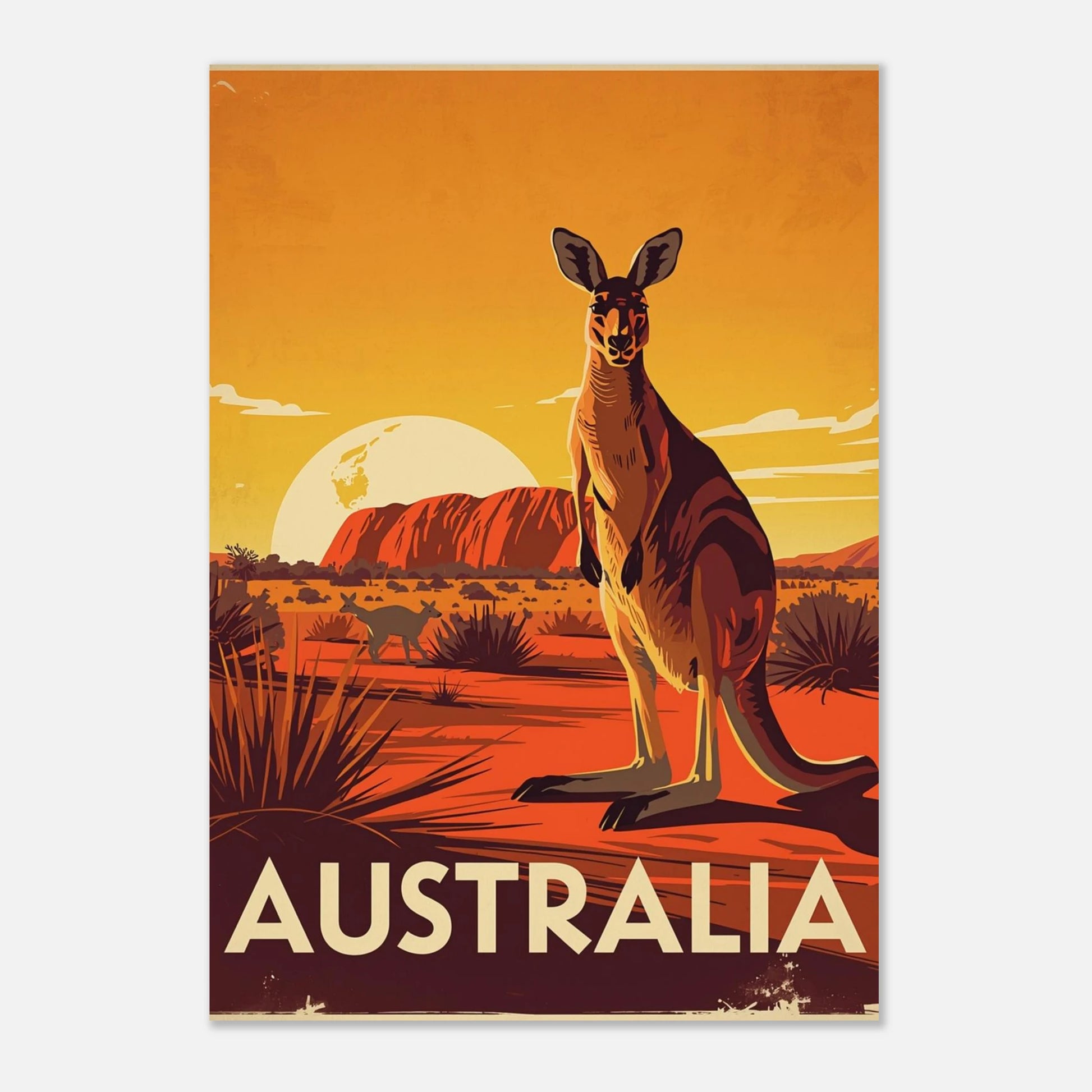 Klassisk reseaffisch föreställande känguru i Australien, stiliserad naturkonst