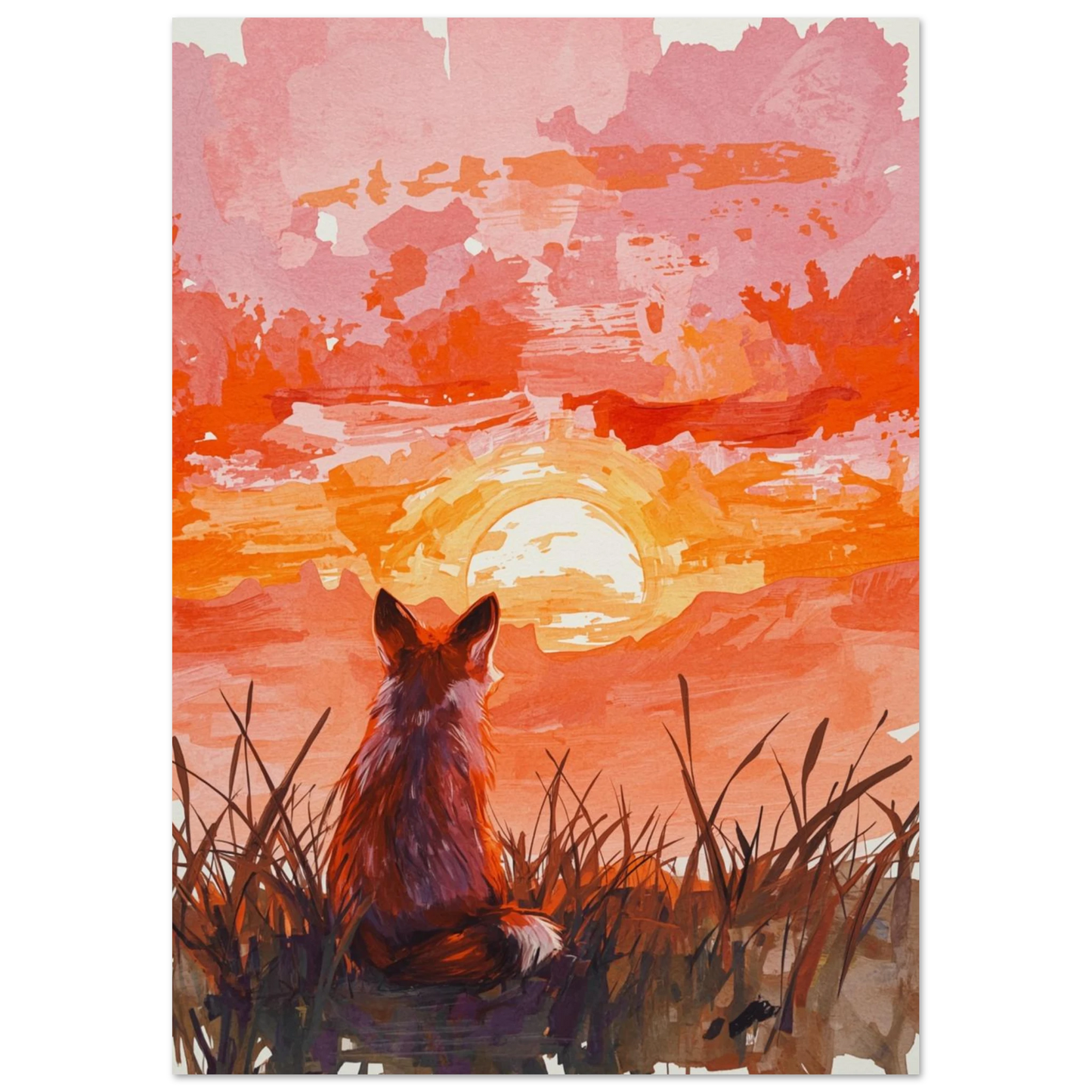 Sittande räv i högt gräs under en glödande morgonsol, poster