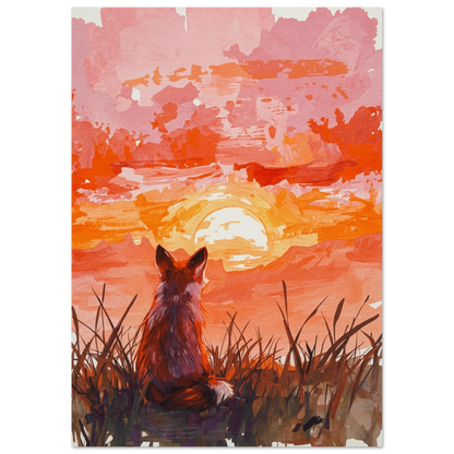 Sittande räv i högt gräs under en glödande morgonsol, poster