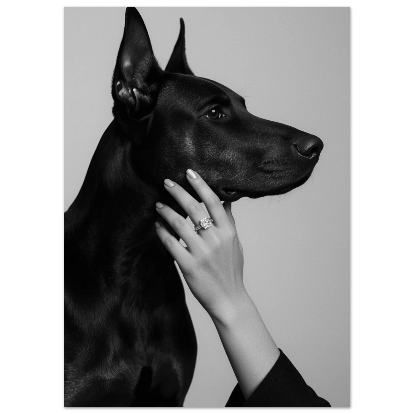Närbild på svart Dobermann och hand med ring, hundposter i gråskala