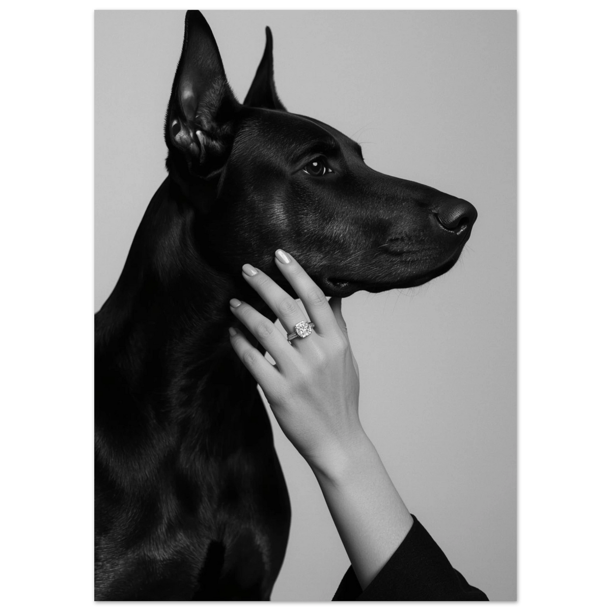 Närbild på svart Dobermann och hand med ring, hundposter i gråskala