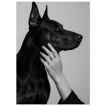 Närbild på svart Dobermann och hand med ring, hundposter i gråskala