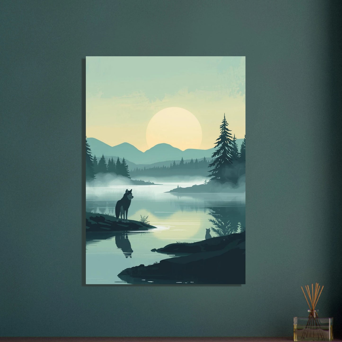 Varg vid sjö i gryningen, Studio Ghibli-inspirerad nordisk fantasy illustration