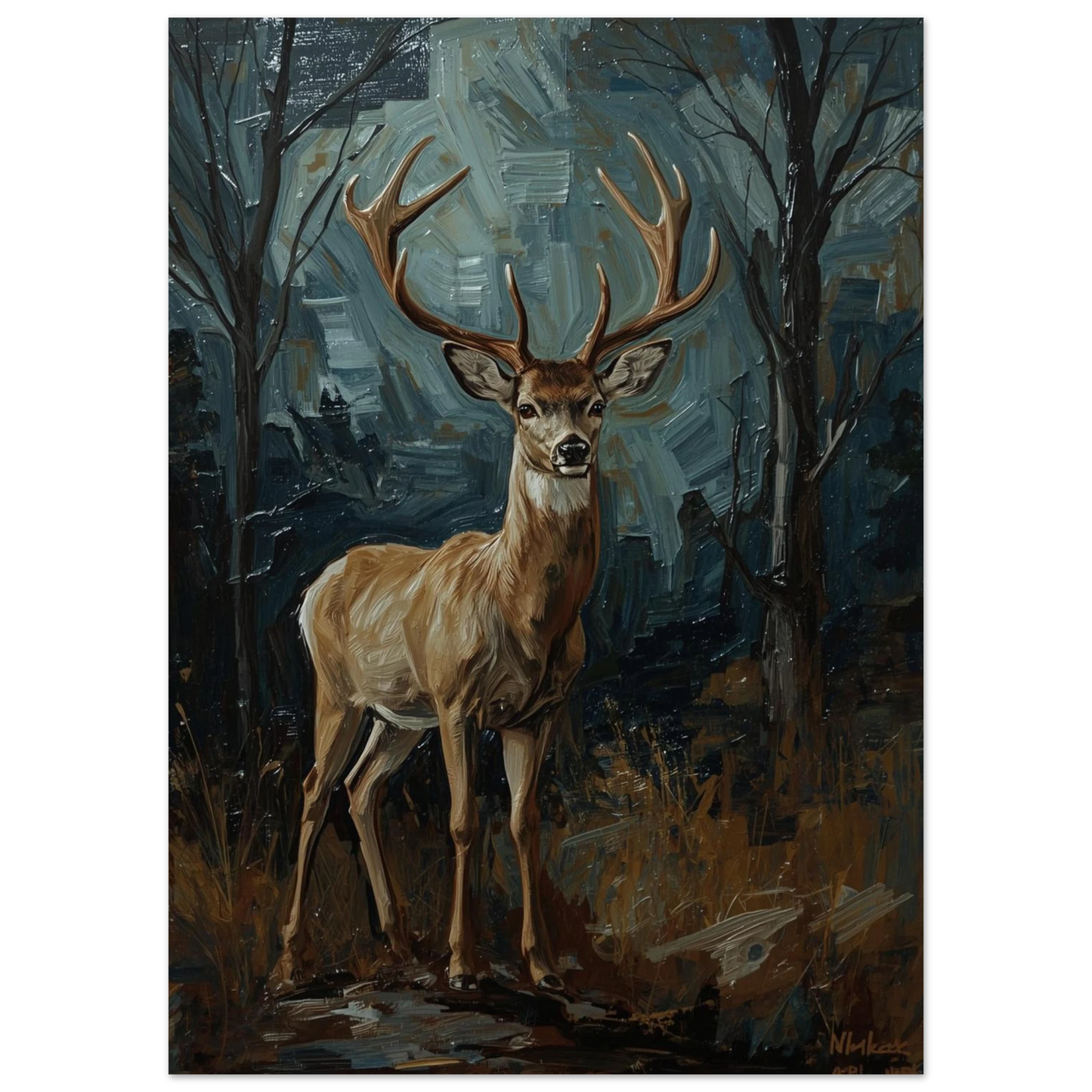 Närbild på hjortmotiv med expressiva penseldrag och mörk bakgrund