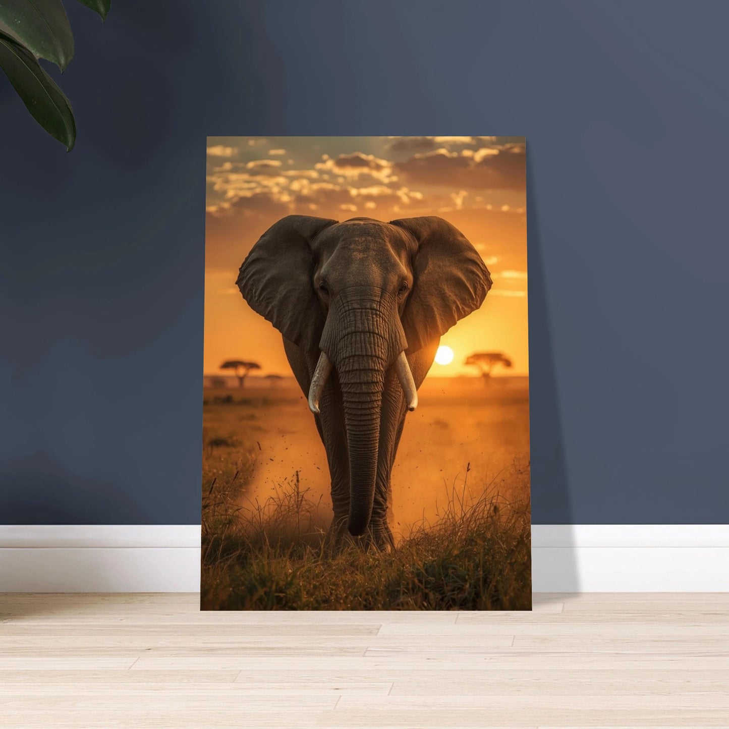 Majestätisk elefant i stiliserad afrikansk savann med måne