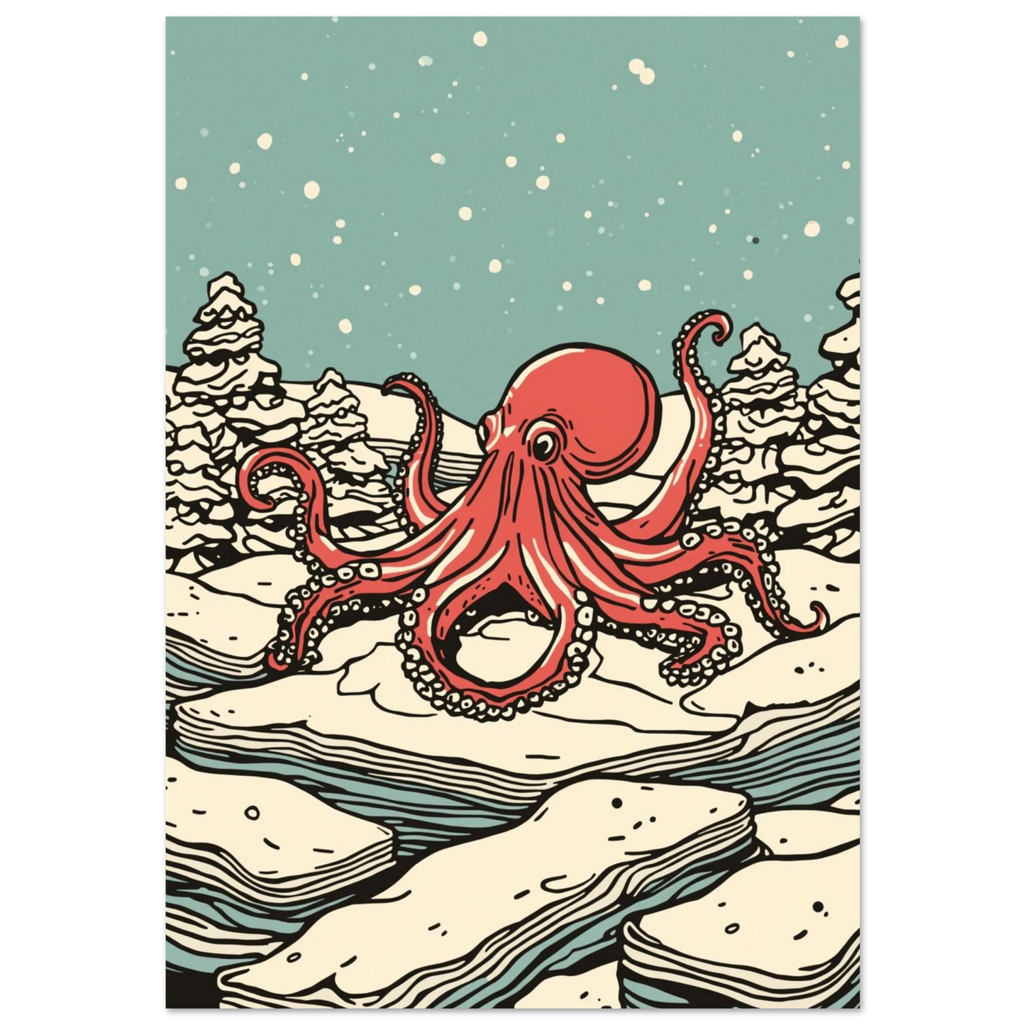 Röd bläckfisk på isflak i snöig granskog, grafisk illustration