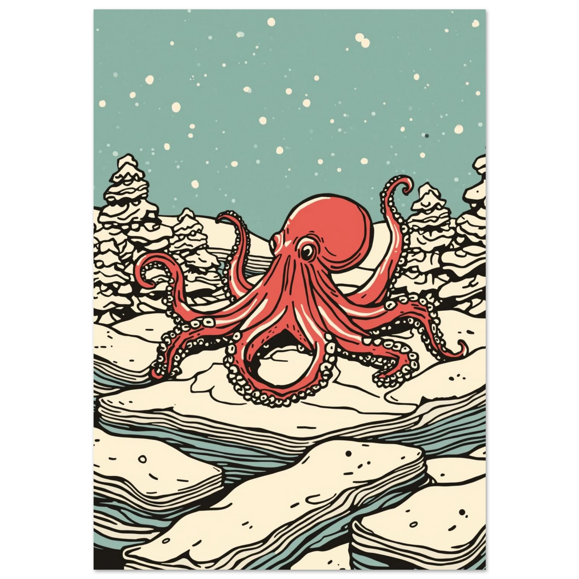 Röd bläckfisk på isflak i snöig granskog, grafisk illustration