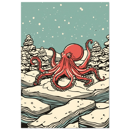 Röd bläckfisk på isflak i snöig granskog, grafisk illustration