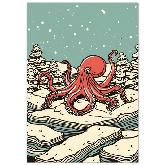 Röd bläckfisk på isflak i snöig granskog, grafisk illustration
