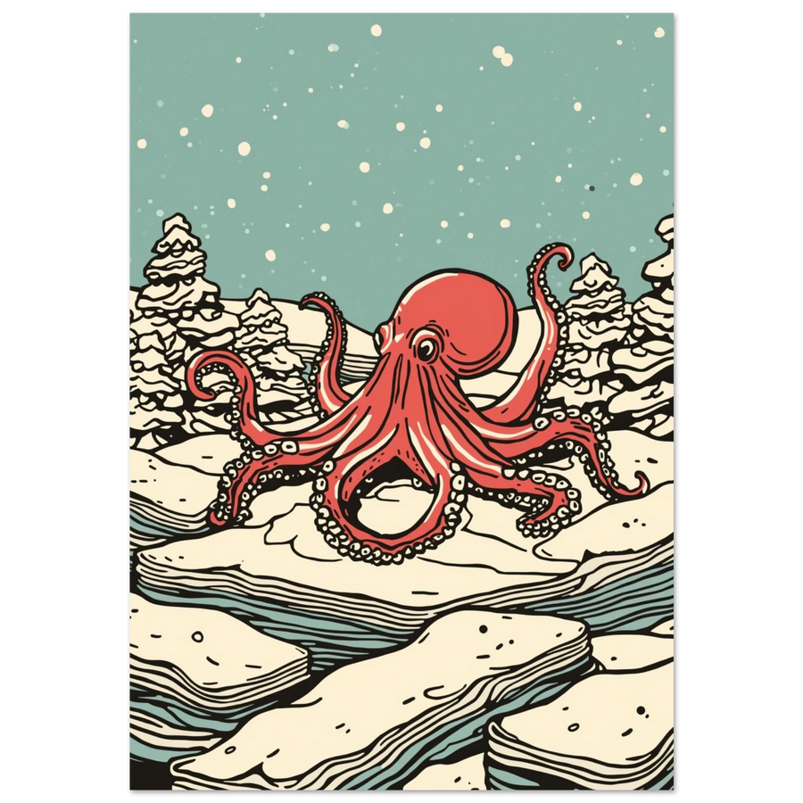 Röd bläckfisk på isflak i snöig granskog, grafisk illustration