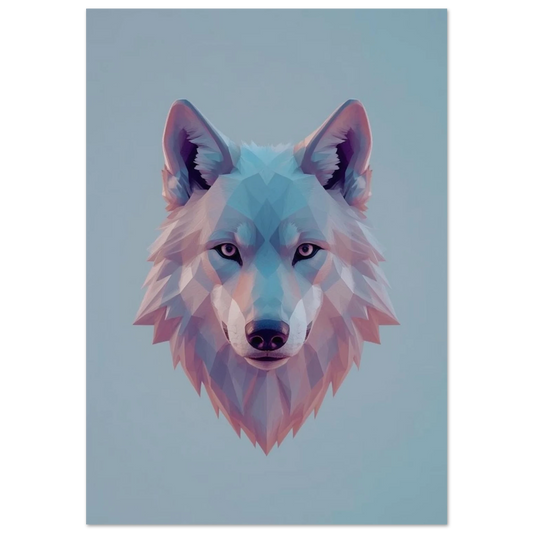 Geometrisk varg i low poly-stil med lila och blå toner