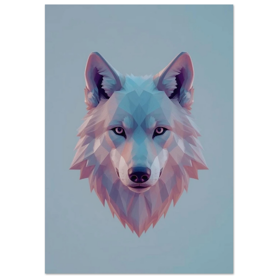 Geometrisk varg i low poly-stil med lila och blå toner