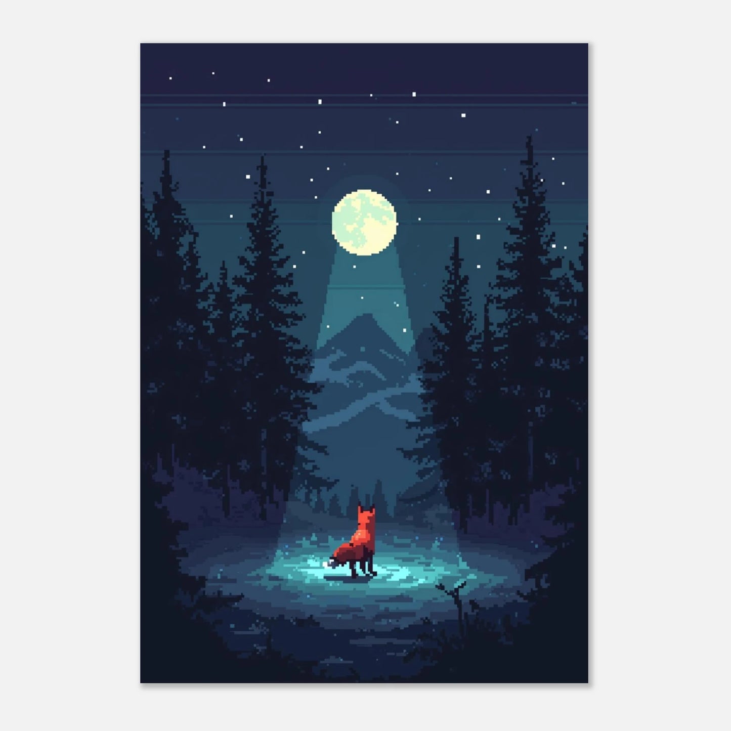 Inramad pixel art poster med rävmotiv i blått nattljus