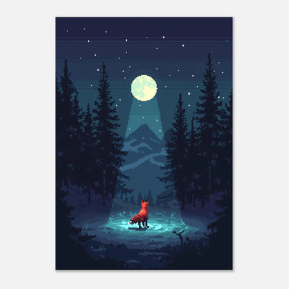Inramad pixel art poster med rävmotiv i blått nattljus